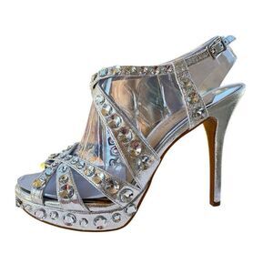 NEW Gianni Bini Silver Rhinestones Gems Embellished Straps Heels Shoes Size 9.5M